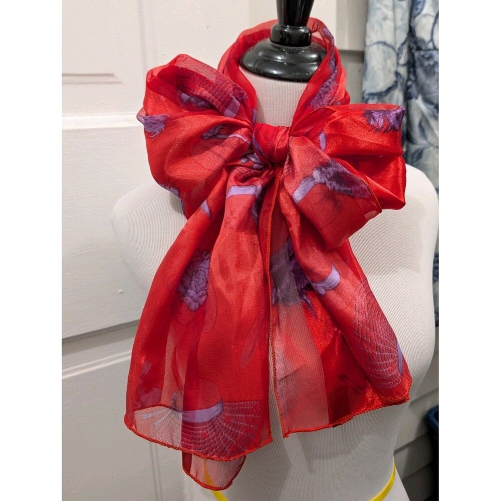 Sheer Red Scarf Purple Floral Hat Striped Silk Feel Neck Wrap 14x61 Boutique
